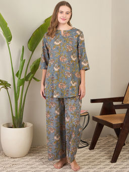 July Nightwear - Grey Cotton Long Kurti with Pyjama (Set of 2)