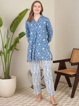 July Nightwear - Blue Cotton Long Kurti with Pyjama (Set of 2)