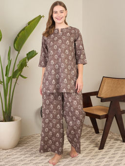 July Nightwear - Brown Cotton Printed Long Kurti with Pyjama (Set of 2)
