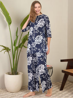 July Nightwear - Navy Blue Cotton Floral Long Kurti with Pyjama (Set of 2)