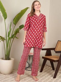 July Nightwear - Red Rayon Long Kurti with Pyjama (Set of 2)