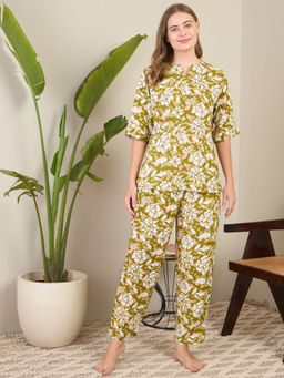 July Nightwear - Green Rayon Short Kurti with Pyjama (Set of 2)