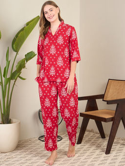 July Nightwear - Red Rayon Short Kurti with Pyjama (Set of 2)