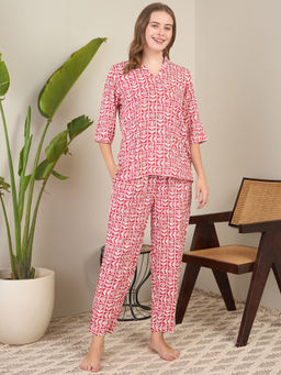 July Nightwear - Red Rayon Short Kurti with Pyjama (Set of 2)
