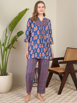 July Nightwear - Blue Rayon Long Kurti with Pyjama (Set of 2)