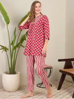 July Nightwear - Red Rayon Short Kurti with Pyjama (Set of 2)