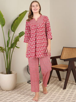 July Nightwear - Red Rayon Short Kurti with Pyjama (Set of 2)