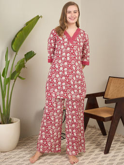 July Nightwear - Red Rayon Short Kurti with Pyjama (Set of 2)