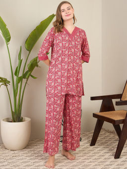 July Nightwear - Red Rayon Short Kurti with Pyjama (Set of 2)
