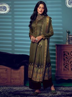 Stylee LIFESTYLE - Gold & Green Pashmina Digital Printed Dress Material