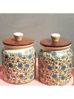 Lupaava - Hand-Painted Ceramic Airtight Jar with Wooden Lid (Pack of 2)
