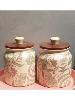 Lupaava - Hand-Painted Ceramic Airtight Jar with Wooden Lid (Pack of 2)