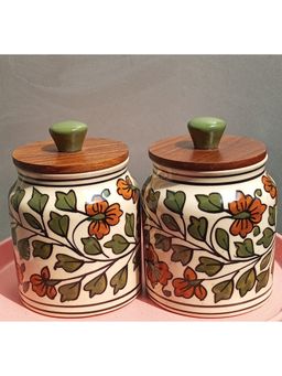 Lupaava - Hand-Painted Ceramic Airtight Jar with Wooden Lid (Pack of 2)