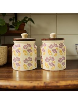 Lupaava - Hand-Painted Ceramic Airtight Jar with Wooden Lid (Pack of 2)