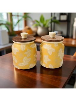 Lupaava - Hand-Painted Ceramic Airtight Jar with Wooden Lid (Pack of 2)