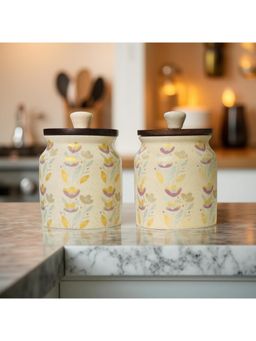 Lupaava - Hand-Painted Ceramic Airtight Jar with Wooden Lid (Pack of 2)