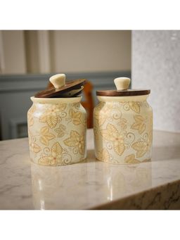 Lupaava - Hand-Painted Ceramic Airtight Jar with Wooden Lid (Pack of 2)