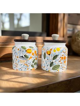 Lupaava - Hand-Painted Ceramic Airtight Jar with Wooden Lid (Pack of 2)