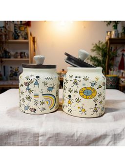 Lupaava - Hand-Painted Ceramic Airtight Jar with Wooden Lid (Pack of 2)