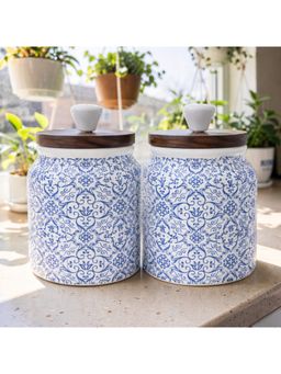 Lupaava - Hand-Painted Ceramic Airtight Jar with Wooden Lid (Pack of 2)