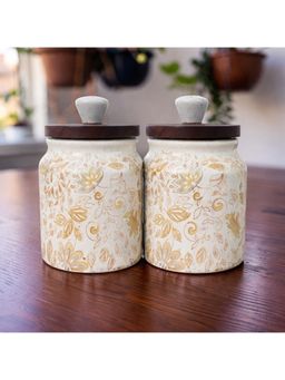 Lupaava - Hand-Painted Ceramic Airtight Jar with Wooden Lid (Pack of 2)