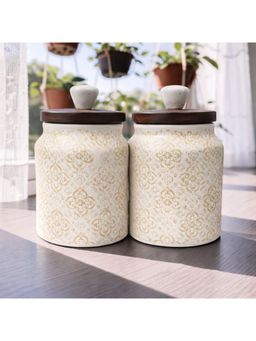 Lupaava - Hand-Painted Ceramic Airtight Jar with Wooden Lid (Pack of 2)