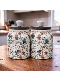 Lupaava - Hand-Painted Ceramic Airtight Jar with Wooden Lid (Pack of 2)