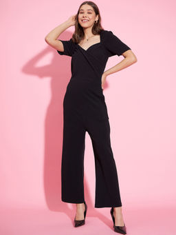 StyleStone - Women Front Pleat Black Polyester Lycra Jumpsuit