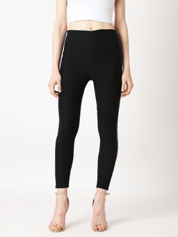 Miss Chase - Women Black Solid Skinny Twill Tape Detailing Regular High Waist Jeggings