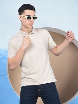 CRIMSOUNE CLUB - Men Beige Solid Casual Polo T-Shirt