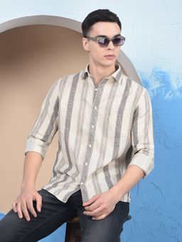 CRIMSOUNE CLUB - Men Beige Vertical Stripes Linen Straight Kurta