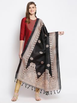 Dupatta Bazaar - Womens Black & Beige Printed Silk Dupatta