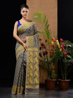 CHARUKRITI - Grey & Yellow Handwoven Saree with Woven Chevron Designs