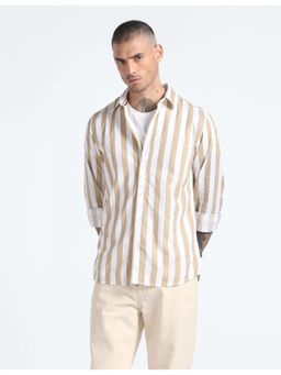 Flying Machine - Beige Vertical Stripes Pure Cotton Shirt
