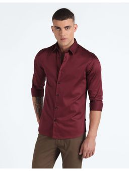 Flying Machine - Maroon Solid Sateen Slim Shirt