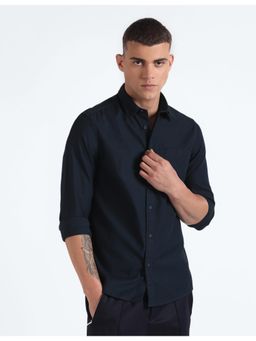 Flying Machine - Navy Blue Solid Cotton Shirt