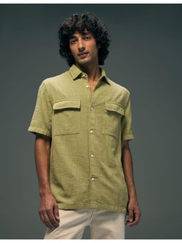 Flying Machine - Green Textured Regular Fit Double Flap Pocket Shirt