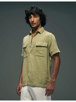 Flying Machine - Green Textured Regular Fit Double Flap Pocket Shirt