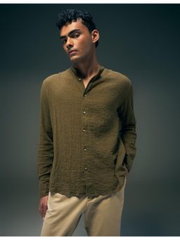 Flying Machine - Green Textured Regular Fit Band Collar Shirt
