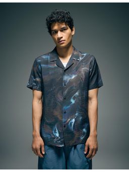 Flying Machine - Navy Blue Abstract Printed Digitopia Collar Neck Shirt