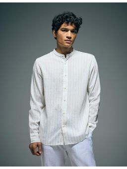 Flying Machine - White Vertical Stripes Color Of Home Mandarin Collar Shirt
