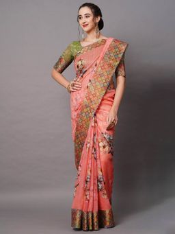 Odette - Peach Festive Linen Blend Printed Saree with Unstitched Blouse
