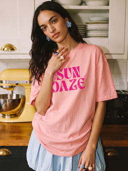 Bewakoof - Pink Typography Pure Cotton Oversized T-Shirt