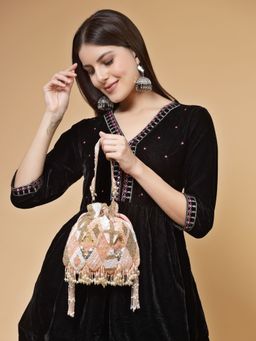 Anekaant - Dangle Dusky Pink & Multi Diamond Embellished Faux Silk Potli