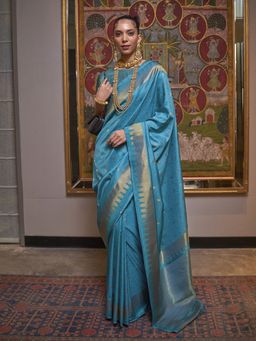 Akhilam - Womens Silk Blend Blue Woven Designer Saree with Unstitched Blouse