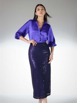 FableStreet - Satin Regular Fit Shirt and Sequined Midi Skirt