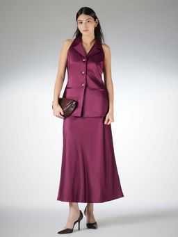 FableStreet - Wine Satin Regular Fit Waistcoat with Skirt
