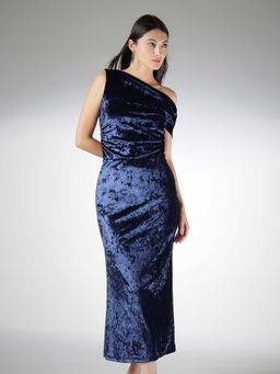 FableStreet - Navy Blue Velvet Slim Fit Asymmetric Top and Skirt