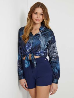 Guess - Women'S Navy Blue Polyester Tropical Print Regular Fit Shirt