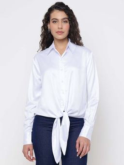 Guess - Anna Chic Look Soft Satin Pure White Solid Spread Collar Regular Fit Shirt